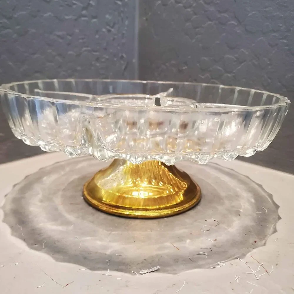 Glass and Gold Divided Pedestal Footed Dish 10
